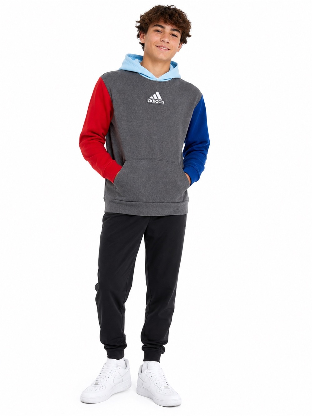 Adidas Colorblock Hoodie - Grey with Red & Blue Sleeves Size: Large 14-16